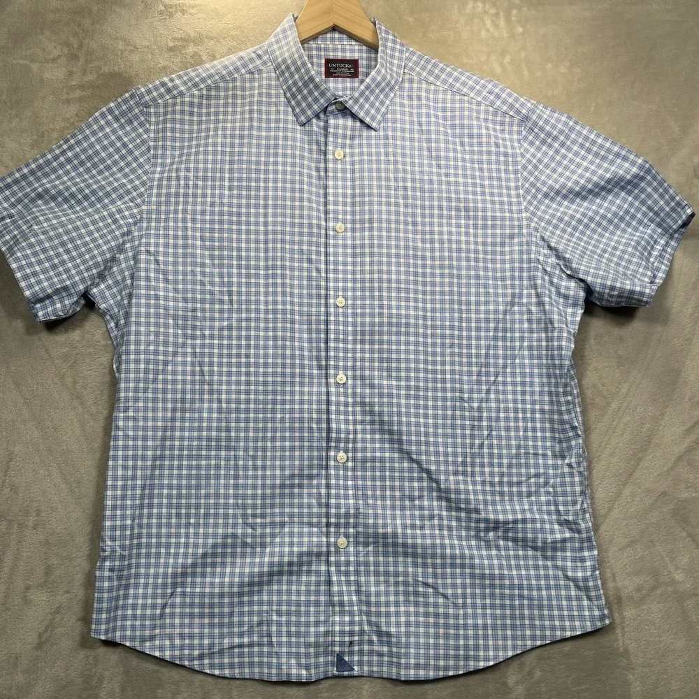 UNTUCKit Mens XL Blue White Plaid Wrinkle Free Short Sleeve Button Down Shirt